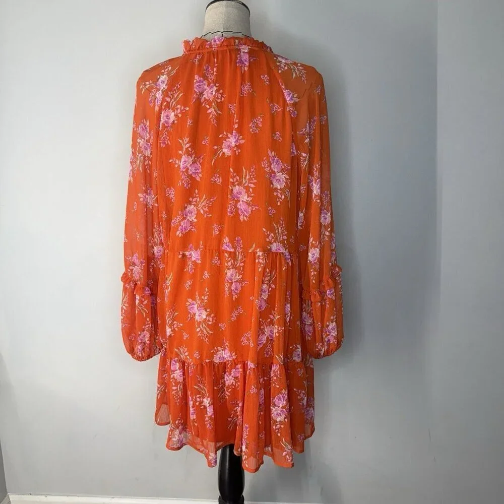 Vince Camuto Mini Short Floral Tiered Ruffle Shift Dress Orange NWT Sz M - Picture 6 of 10